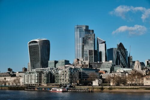 Sunny photo of the London skyline, taken from the Tower Bridge.